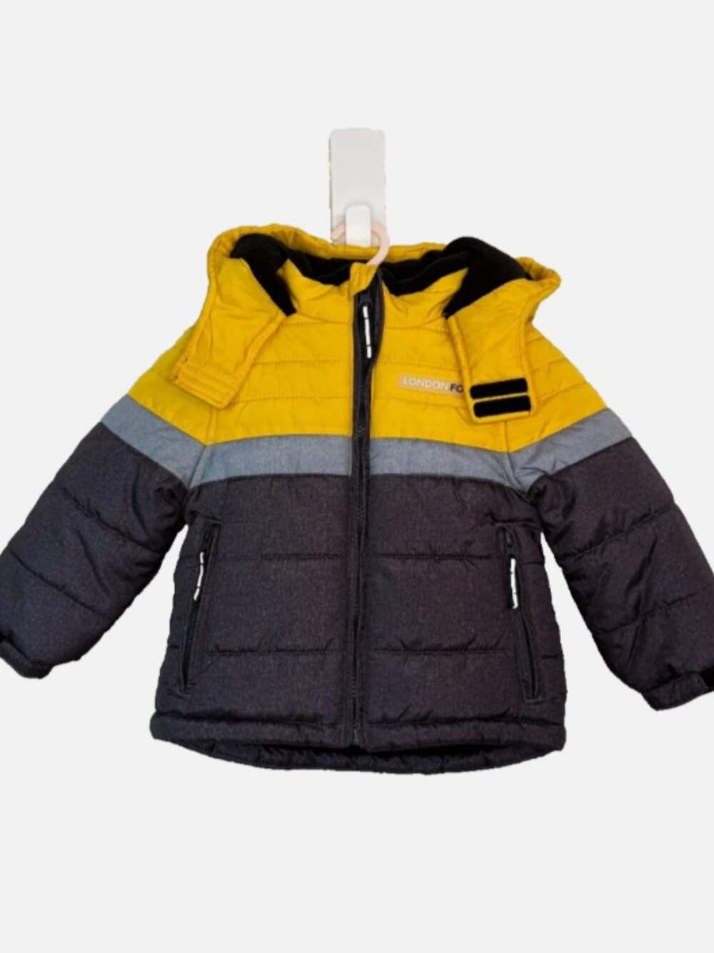 London Fog Toddler Puffer Jacket 2T Yellow Gray Hooded Winter Coat Boys Girls